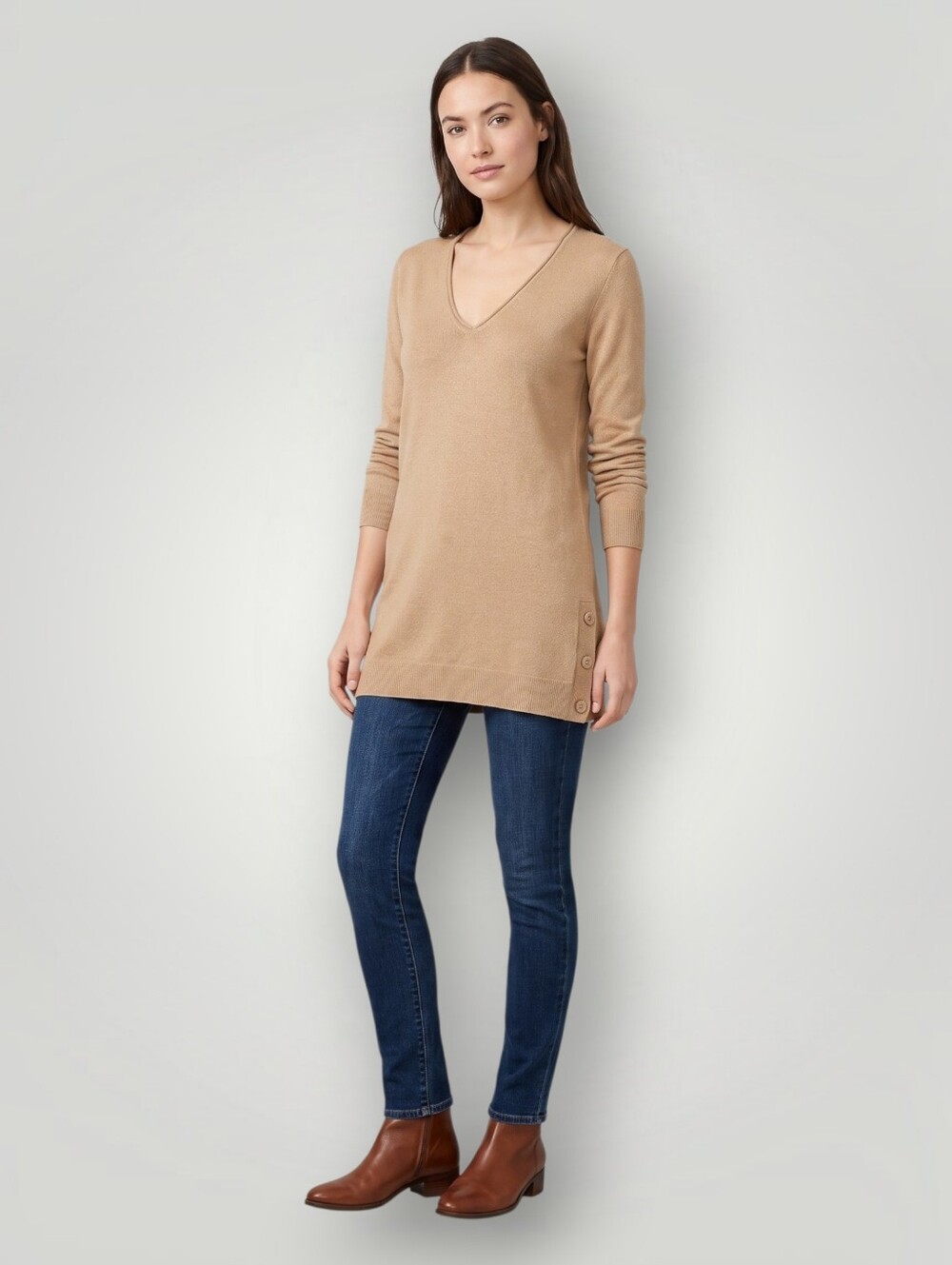 J.Crew Factory Linen Blend Button Tunic Sweater XS Tan Camel V-Neck AW729